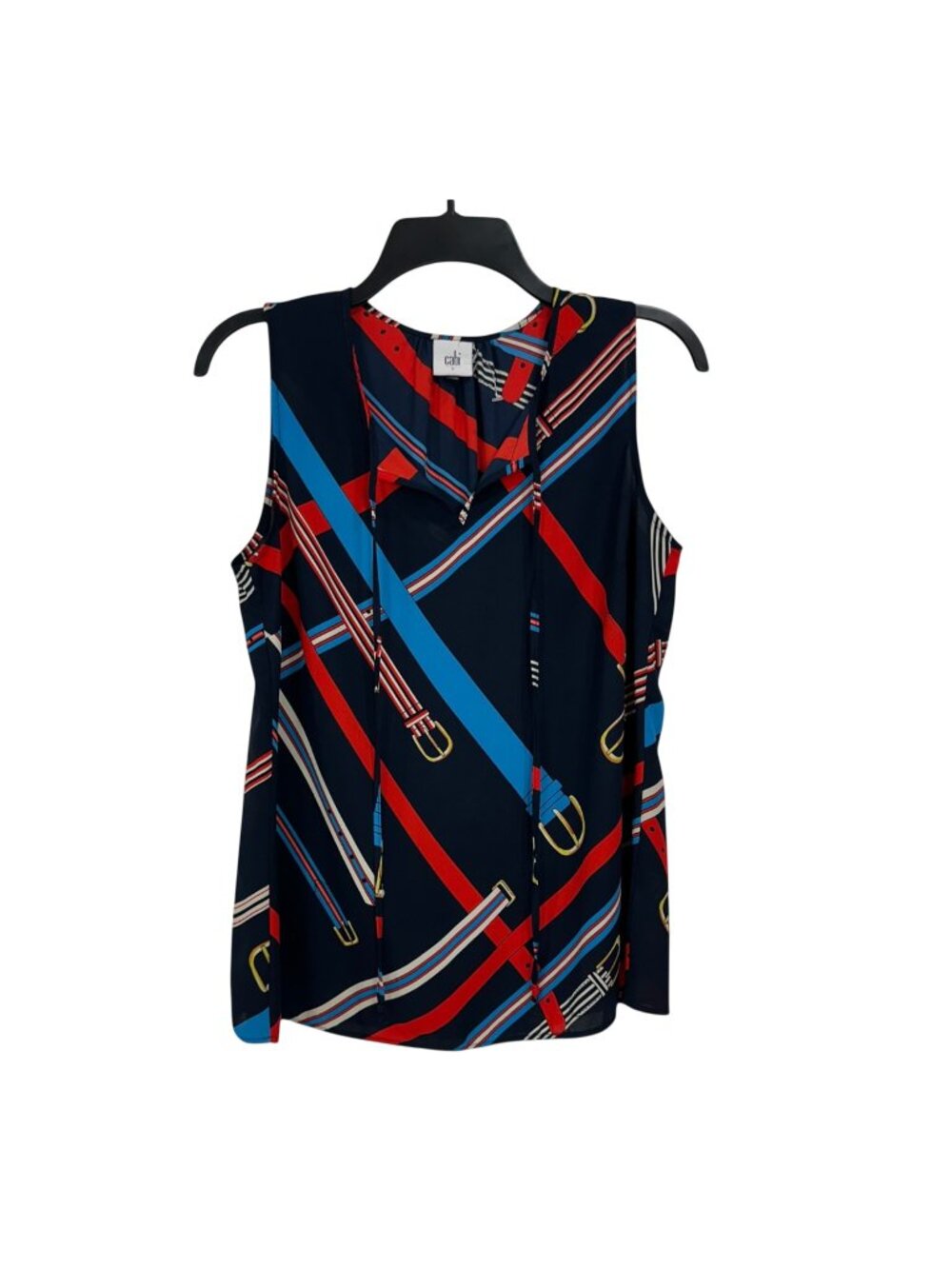 Cabi Womens Sleeveless Navy Blue Blouse Red & Blue Belt Print Size S Polyester